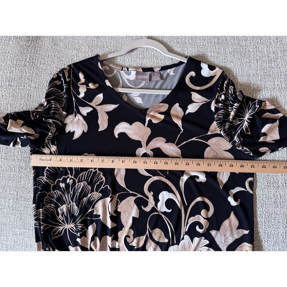 Chico's Women's Black Cream Tan Floral Julia 3/4 Sleeve Blouse Sz 2 - Picture 9 of 9
